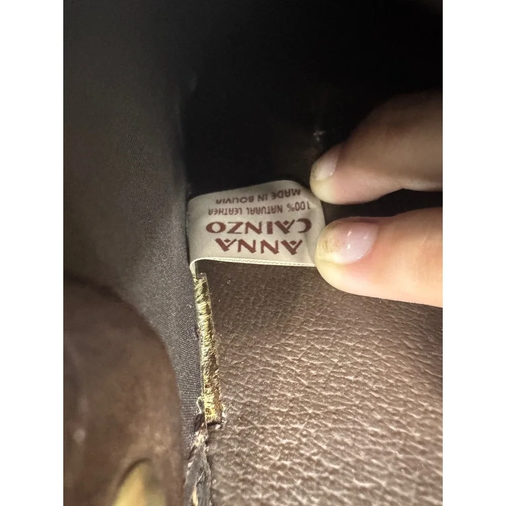 Anna Cainzo Brown Leather Saddle Crossbody Bag Stamped Detail Made in Bolivia